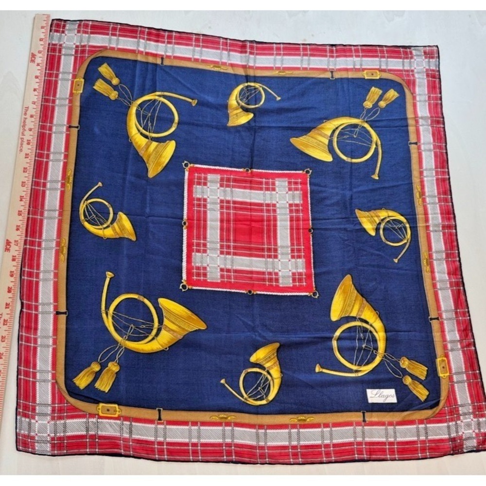 Vintage Llagos Madrid Equestrian Silk Scarf Red Blue Square Signed Spain 30x30"